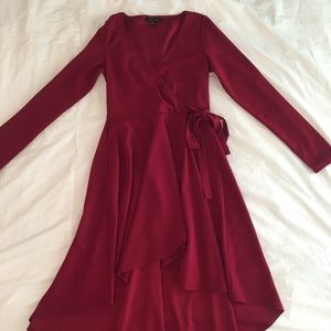 Red-Wine Long Sleeve Wrap Dress